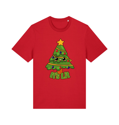 red christmas t-shirt with the graphic of a christmas tree and the slogan 'it;'s lit'