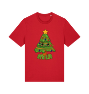 red christmas t-shirt with the graphic of a christmas tree and the slogan 'it;'s lit'