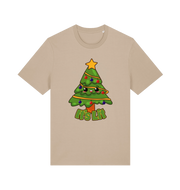 beige christmas t-shirt with the graphic of a christmas tree and the slogan 'it;'s lit'
