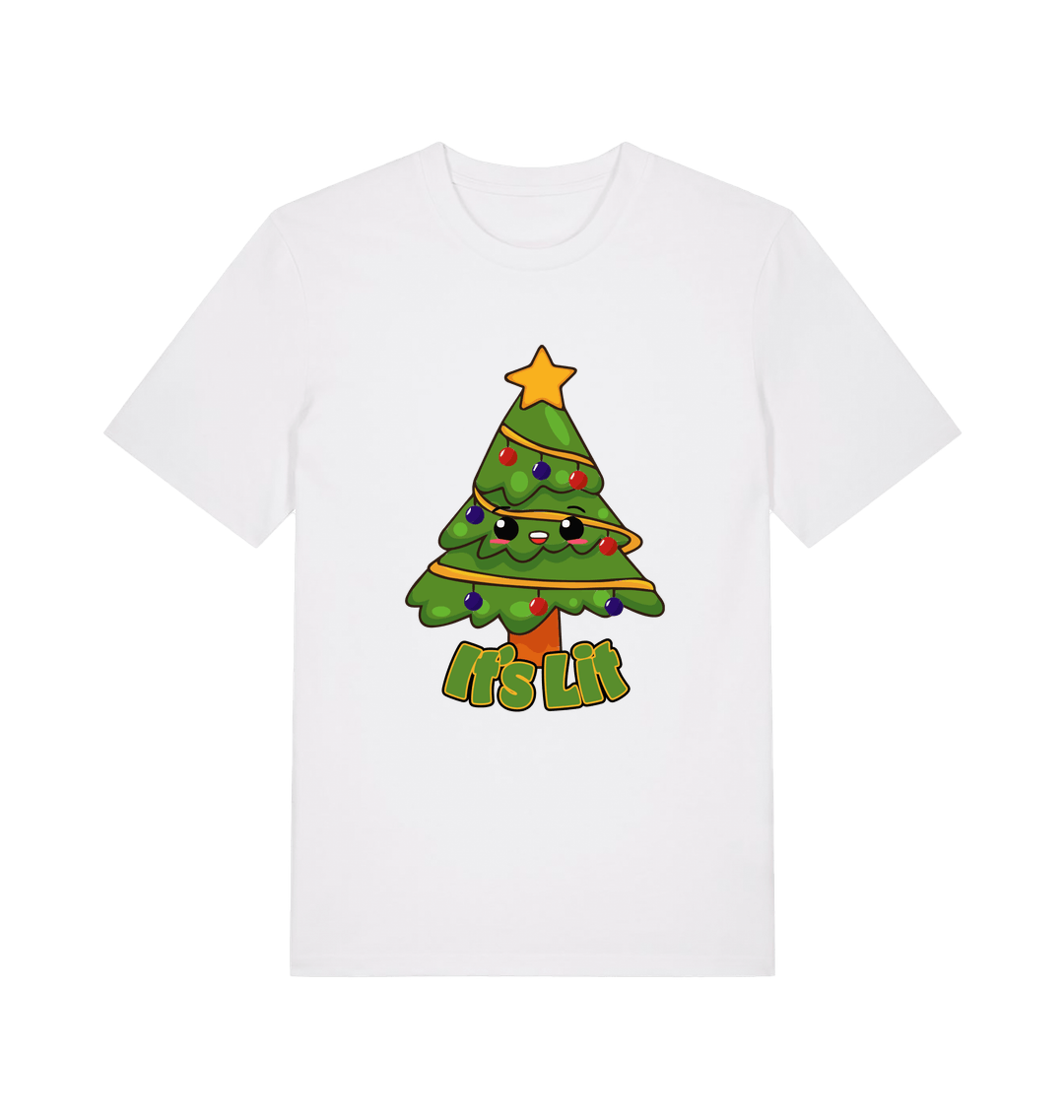 white christmas t-shirt with the graphic of a christmas tree and the slogan 'it;'s lit'