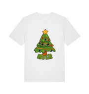 white christmas t-shirt with the graphic of a christmas tree and the slogan 'it;'s lit'