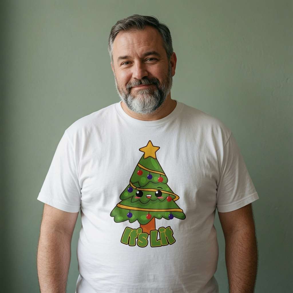 Grey-bearded man smiling in white It’s Lit t-shirt featuring cute kawaii Christmas tree, mens cheeky kawaii xmas tree graphic