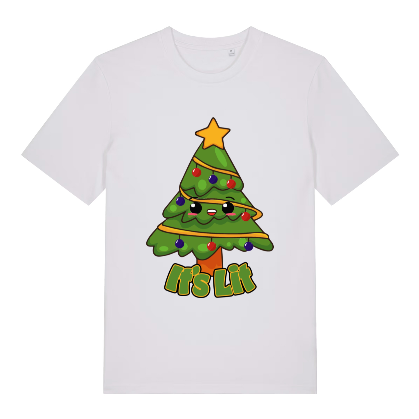 White It’s Lit funny graphic t-shirt featuring bright cartoon tree graphic and “It’s Lit” festive text  