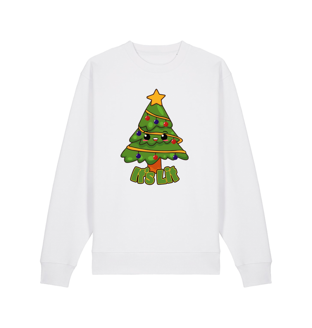 white christmas sweater with the graphic of a christmas tree and the slogan 'it's lit'