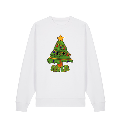 white christmas sweater with the graphic of a christmas tree and the slogan 'it's lit'