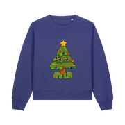 blue christmas sweater with the graphic of a xmas tree and the slogan 'it's lit'