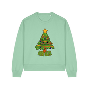 green christmas sweater with the graphic of a xmas tree and the slogan 'it's lit'