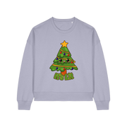 lavender christmas sweater with the graphic of a xmas tree and the slogan 'it's lit'