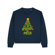 navy christmas sweater with the graphic of a xmas tree and the slogan 'it's lit'