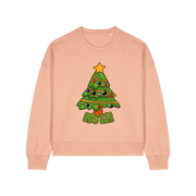 peach christmas sweater with the graphic of a xmas tree and the slogan 'it's lit'