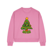 pink christmas sweater with the graphic of a xmas tree and the slogan 'it's lit'