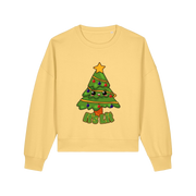 yellow christmas sweater with the graphic of a xmas tree and the slogan 'it's lit'