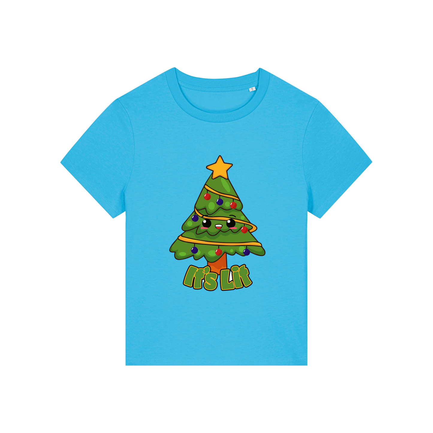 blue christmas t-shirt with the graphic of a christmas tree and the slogan 'it's lit'