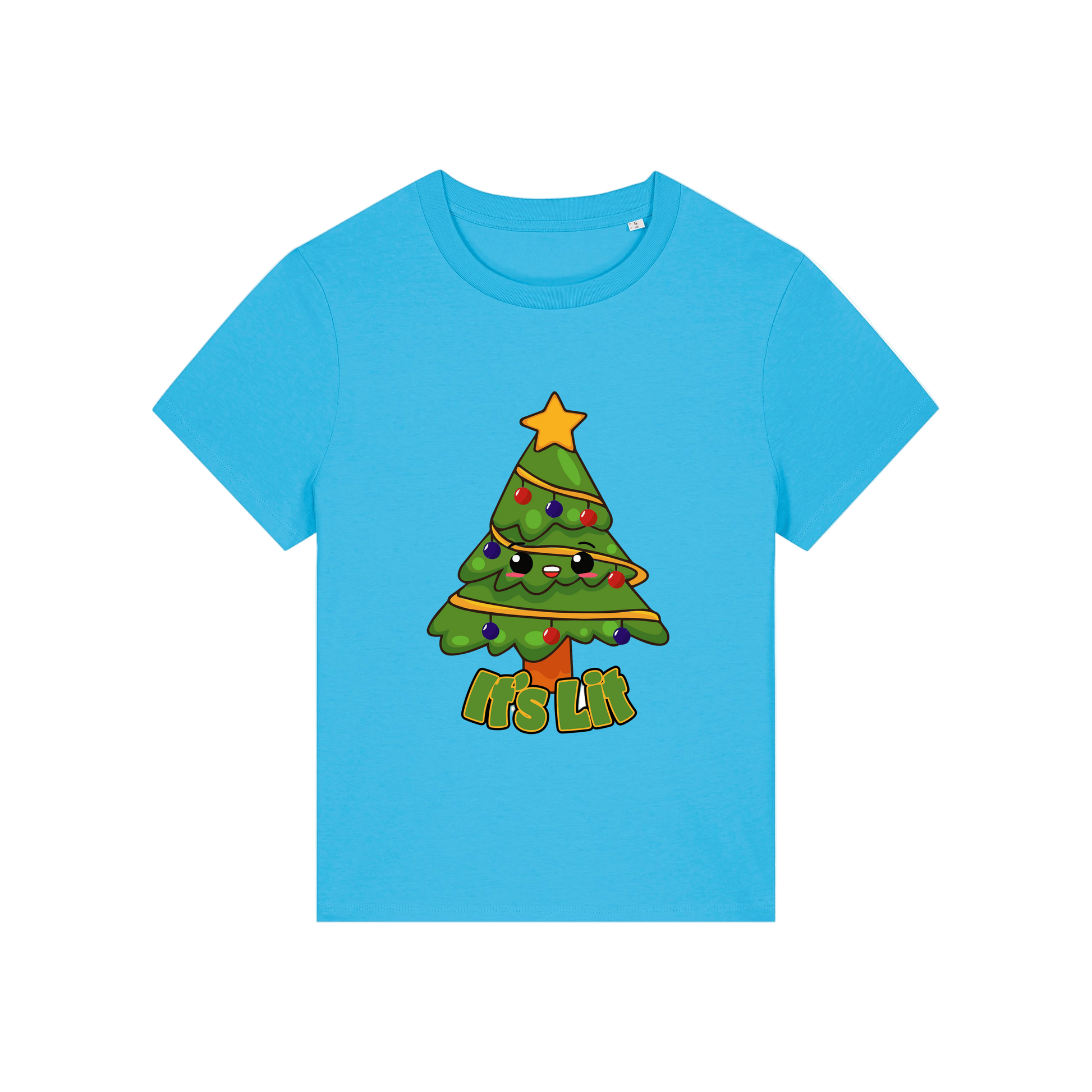 blue christmas t-shirt with the graphic of a christmas tree and the slogan 'it's lit'