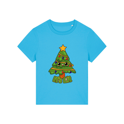 blue christmas t-shirt with the graphic of a christmas tree and the slogan 'it's lit'