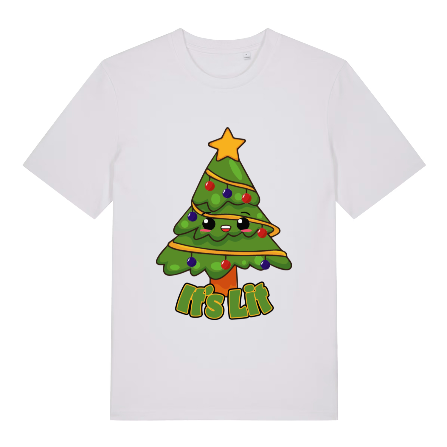 White women's It’s Lit funny graphic t-shirt with cute cartoon Christmas tree and bold “It’s Lit” festive slogan  