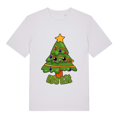 White women's It’s Lit funny graphic t-shirt with cute cartoon Christmas tree and bold “It’s Lit” festive slogan  