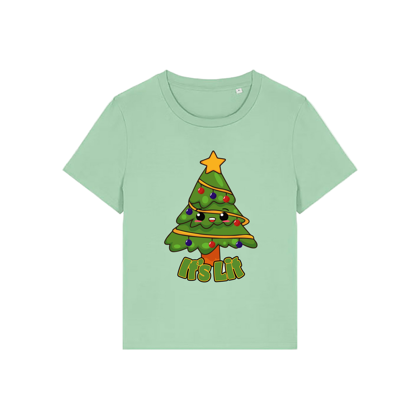 green christmas t-shirt with the graphic of a christmas tree and the slogan 'it's lit'