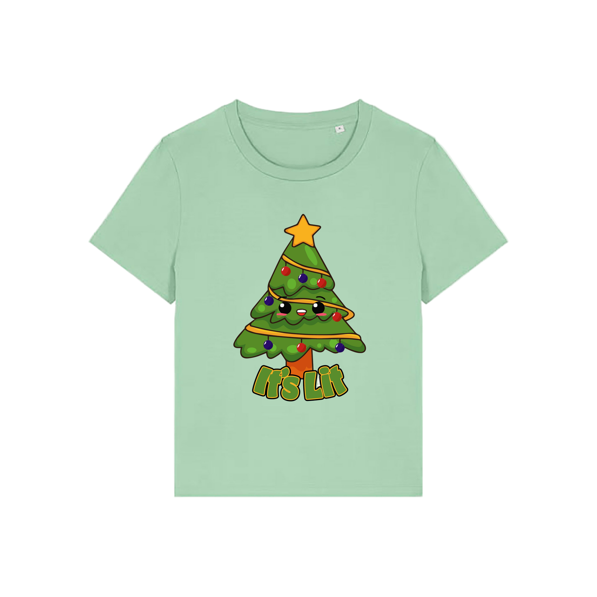 green christmas t-shirt with the graphic of a christmas tree and the slogan 'it's lit'