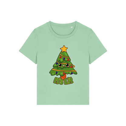 green christmas t-shirt with the graphic of a christmas tree and the slogan 'it's lit'
