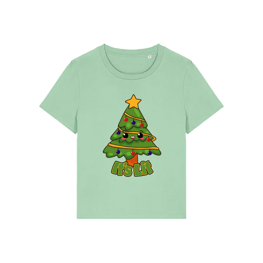 green christmas t-shirt with the graphic of a christmas tree and the slogan 'it's lit'
