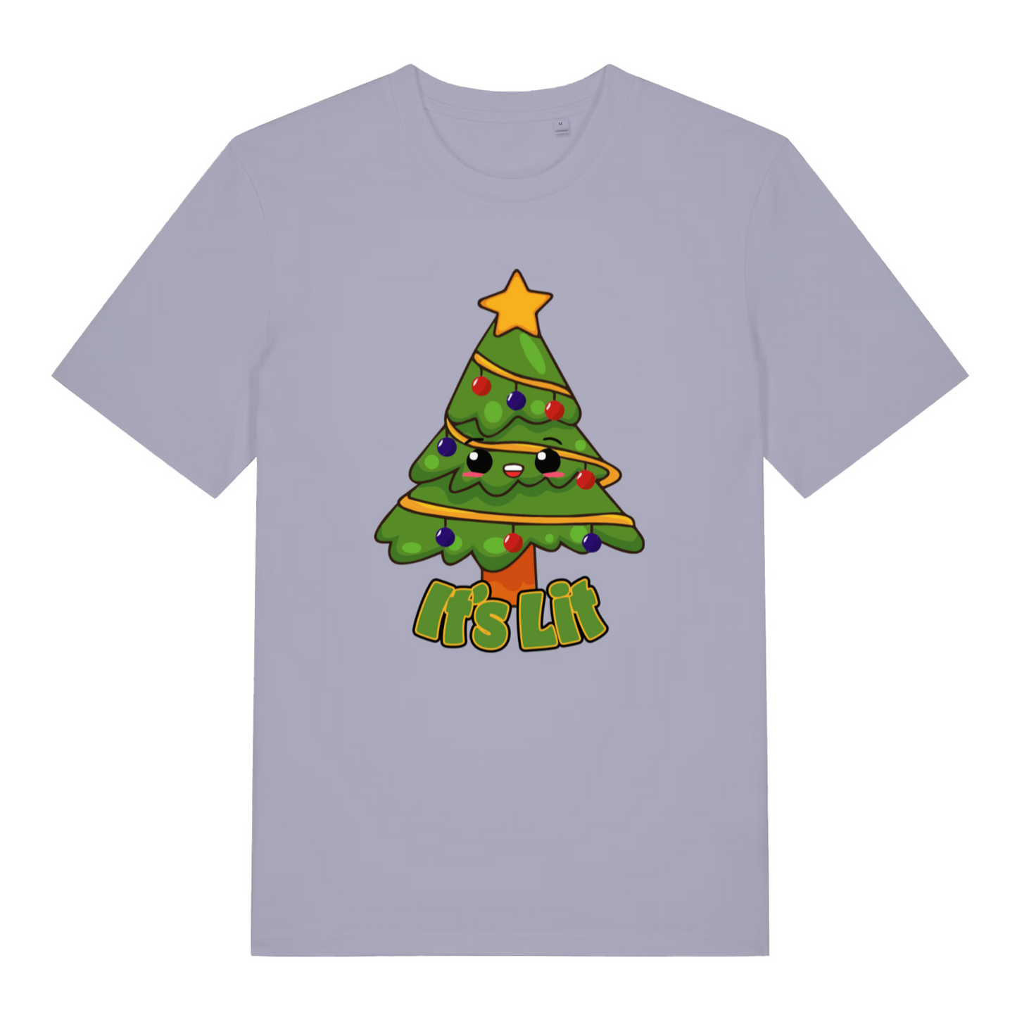 lavender women's christmas t-shirt with the graphic of a cartoon christmas tree and the text 'it's lit'