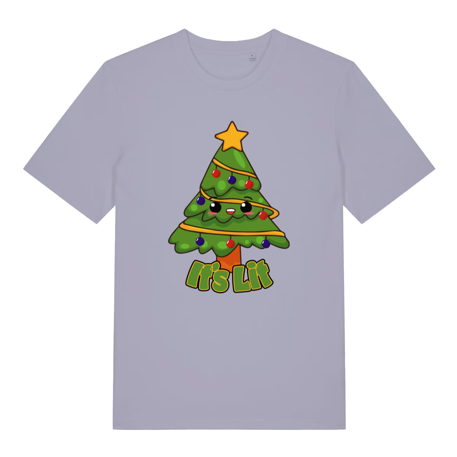 lavender women's christmas t-shirt with the graphic of a cartoon christmas tree and the text 'it's lit'