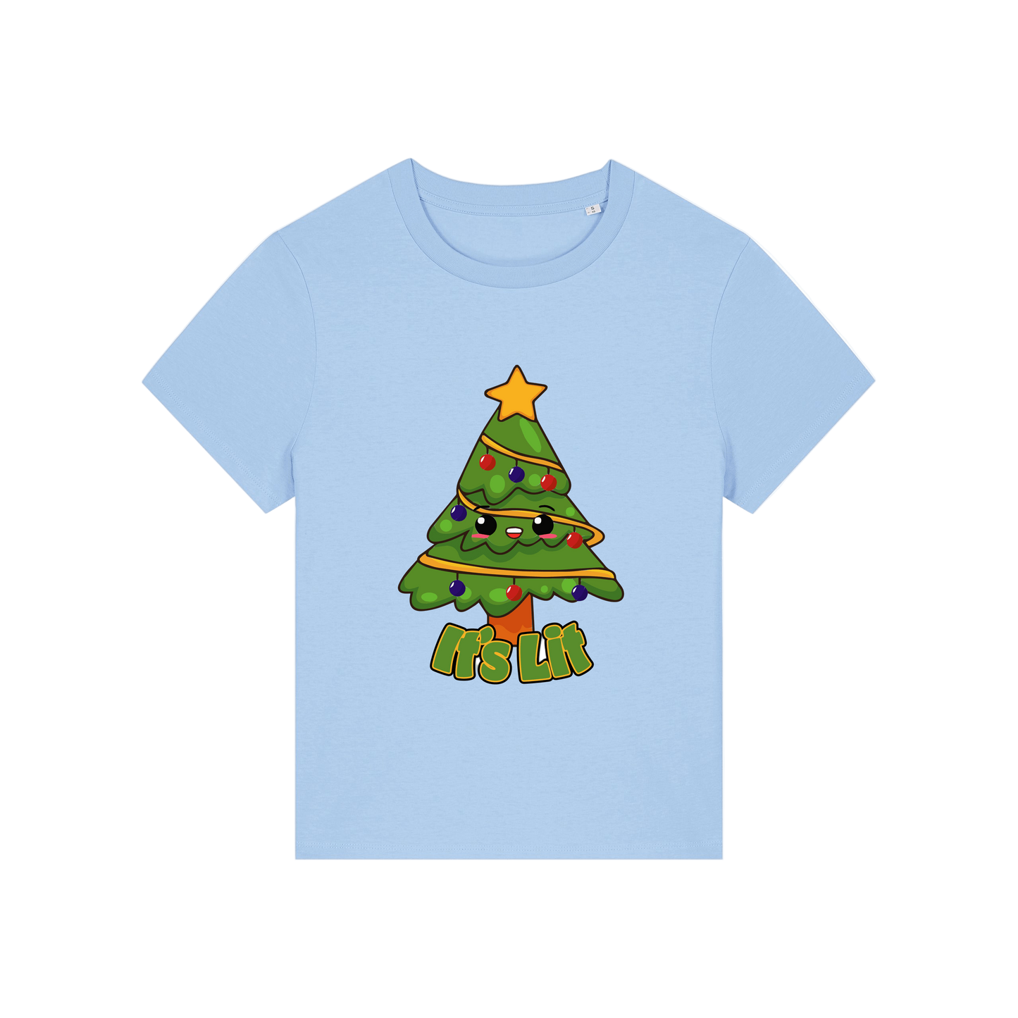 light blue christmas t-shirt with the graphic of a christmas tree and the slogan 'it's lit'