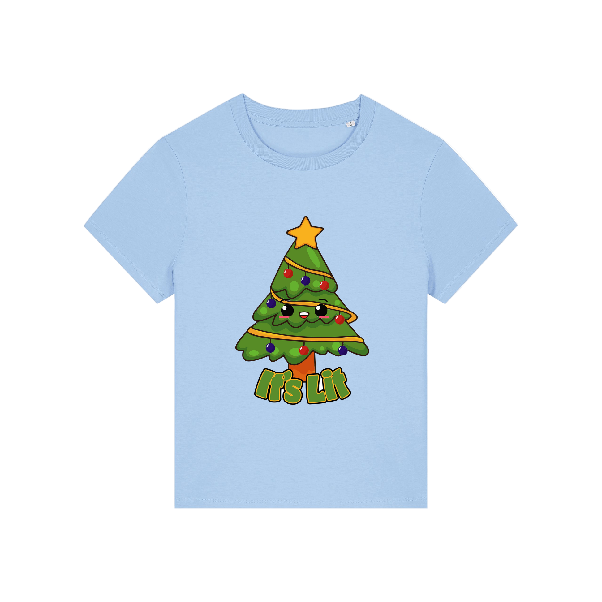 light blue christmas t-shirt with the graphic of a christmas tree and the slogan 'it's lit'