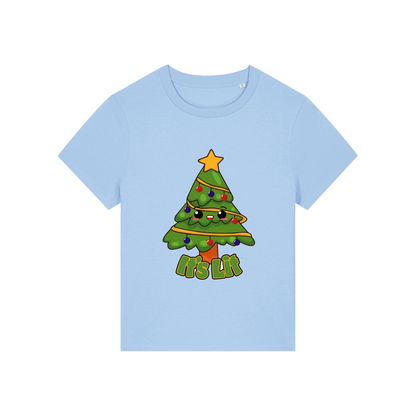 light blue christmas t-shirt with the graphic of a christmas tree and the slogan 'it's lit'