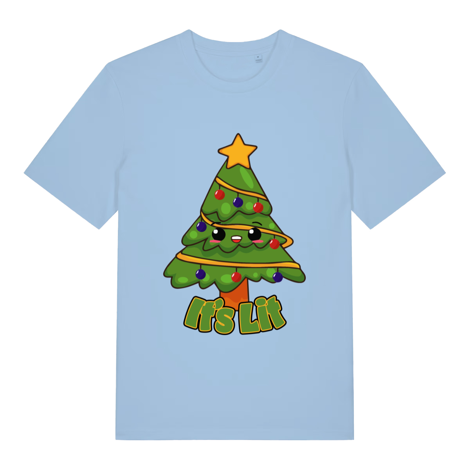 Light blue women's It’s Lit funny graphic t-shirt featuring smiling Christmas tree graphic and “It’s Lit” text  