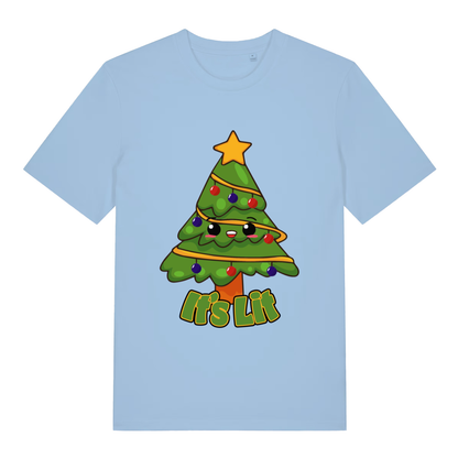 Light blue women's It’s Lit funny graphic t-shirt featuring smiling Christmas tree graphic and “It’s Lit” text  