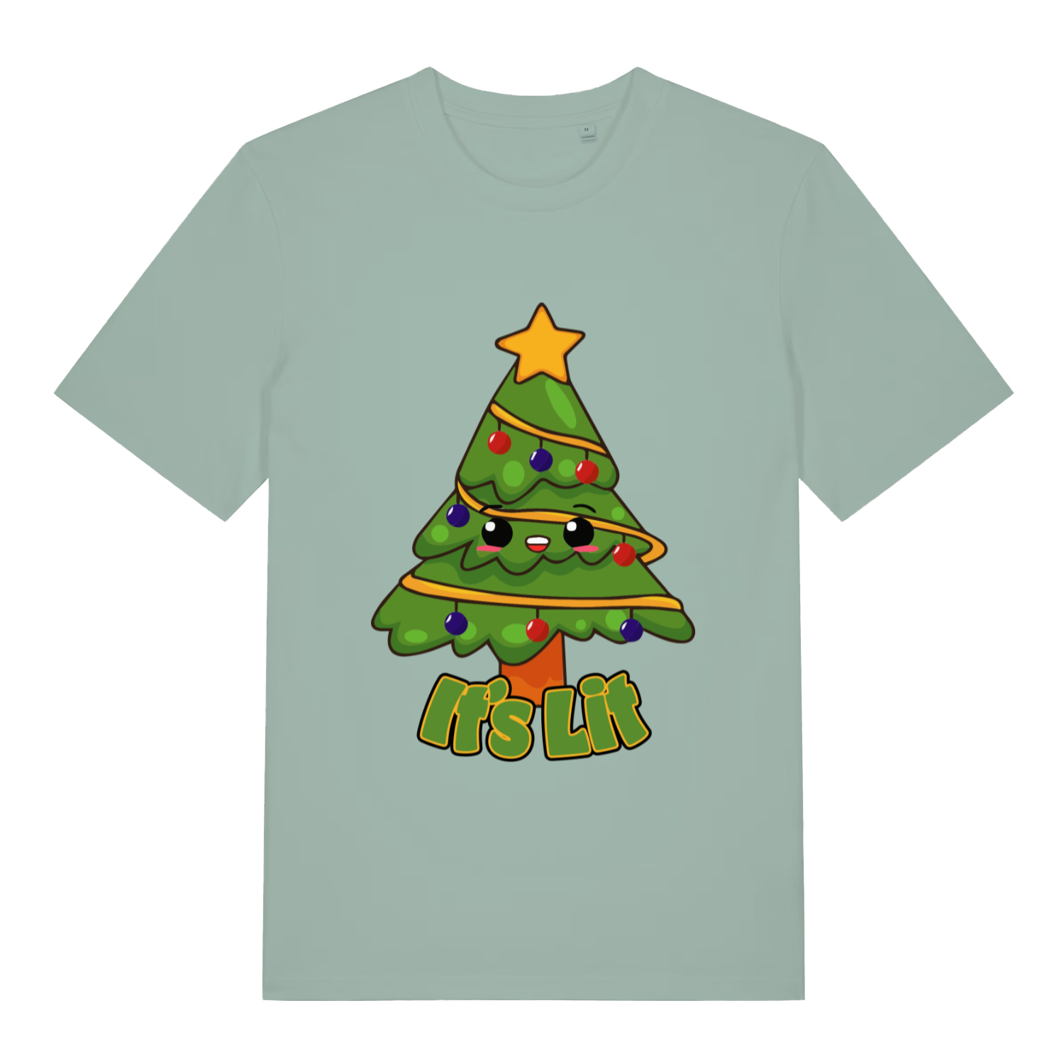Light green women's It’s Lit funny graphic t-shirt showing cheerful cartoon tree with “It’s Lit” Christmas design  