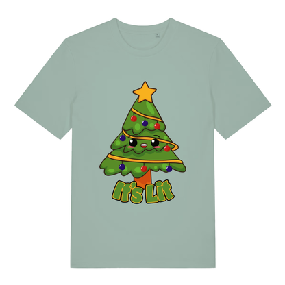Light green women's It’s Lit funny graphic t-shirt showing cheerful cartoon tree with “It’s Lit” Christmas design  