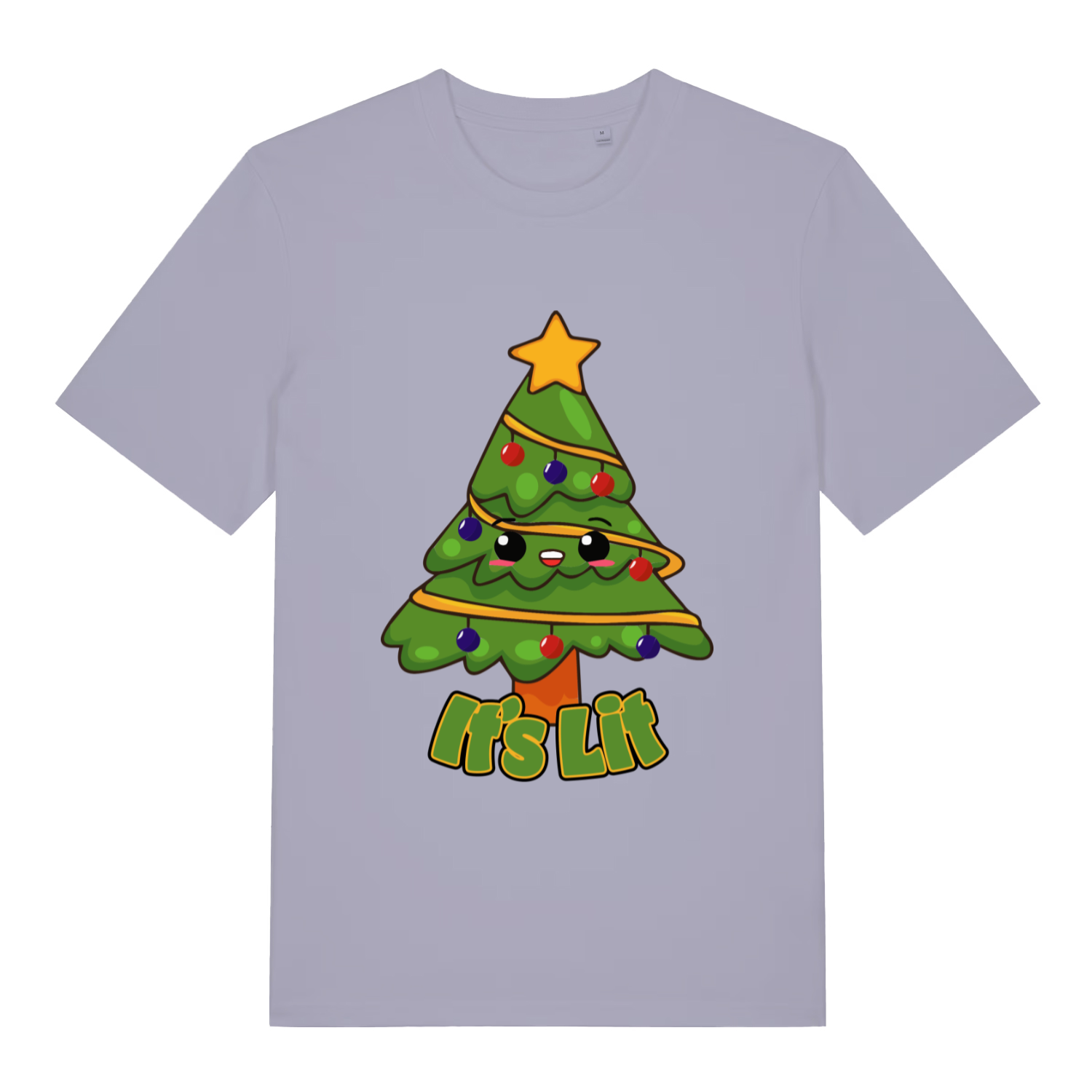 Light purple women's It’s Lit funny graphic t-shirt with cute festive tree and “It’s Lit” lettering  