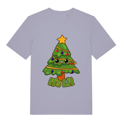 Light purple women's It’s Lit funny graphic t-shirt with cute festive tree and “It’s Lit” lettering  