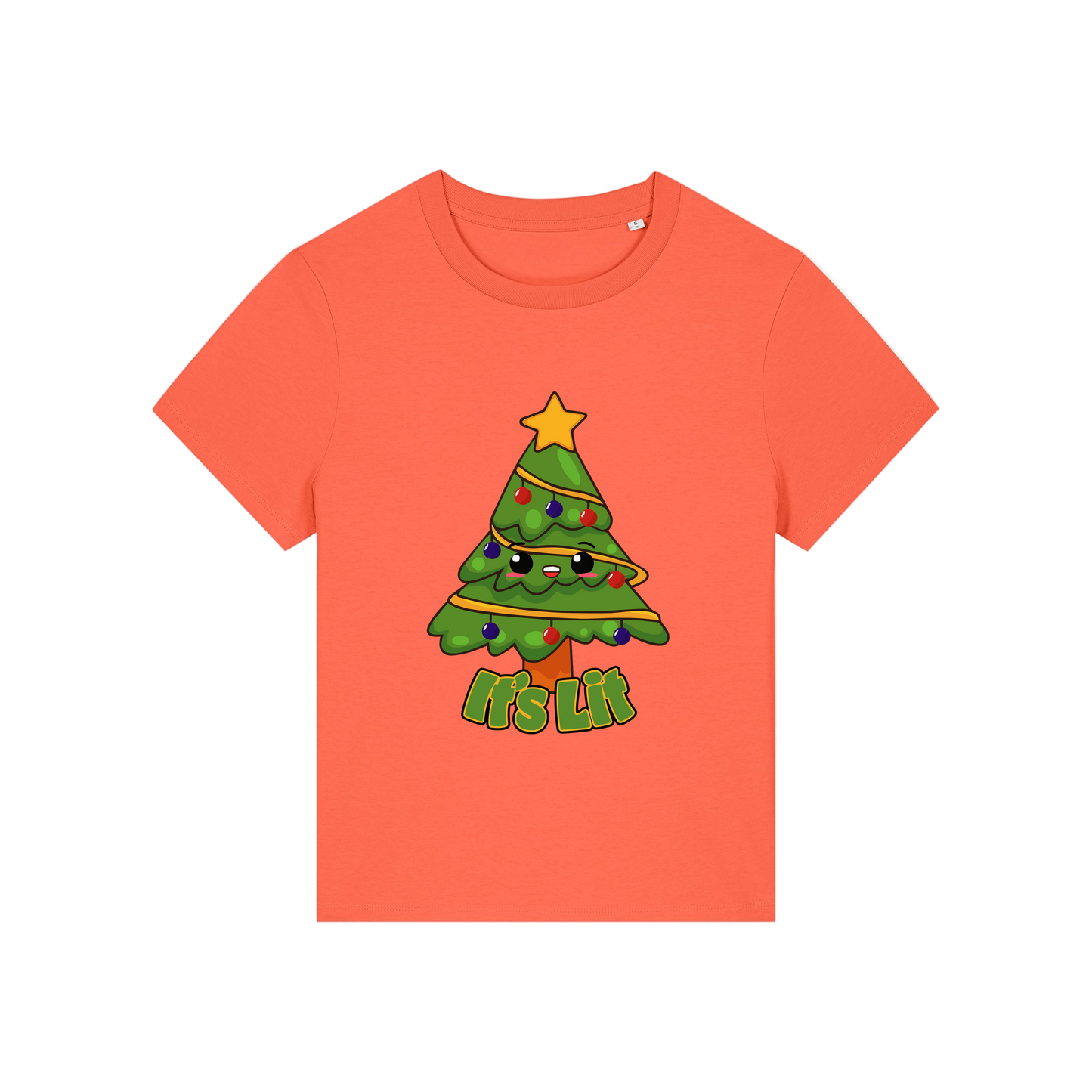 orange christmas t-shirt with the graphic of a christmas tree and the slogan 'it's lit'