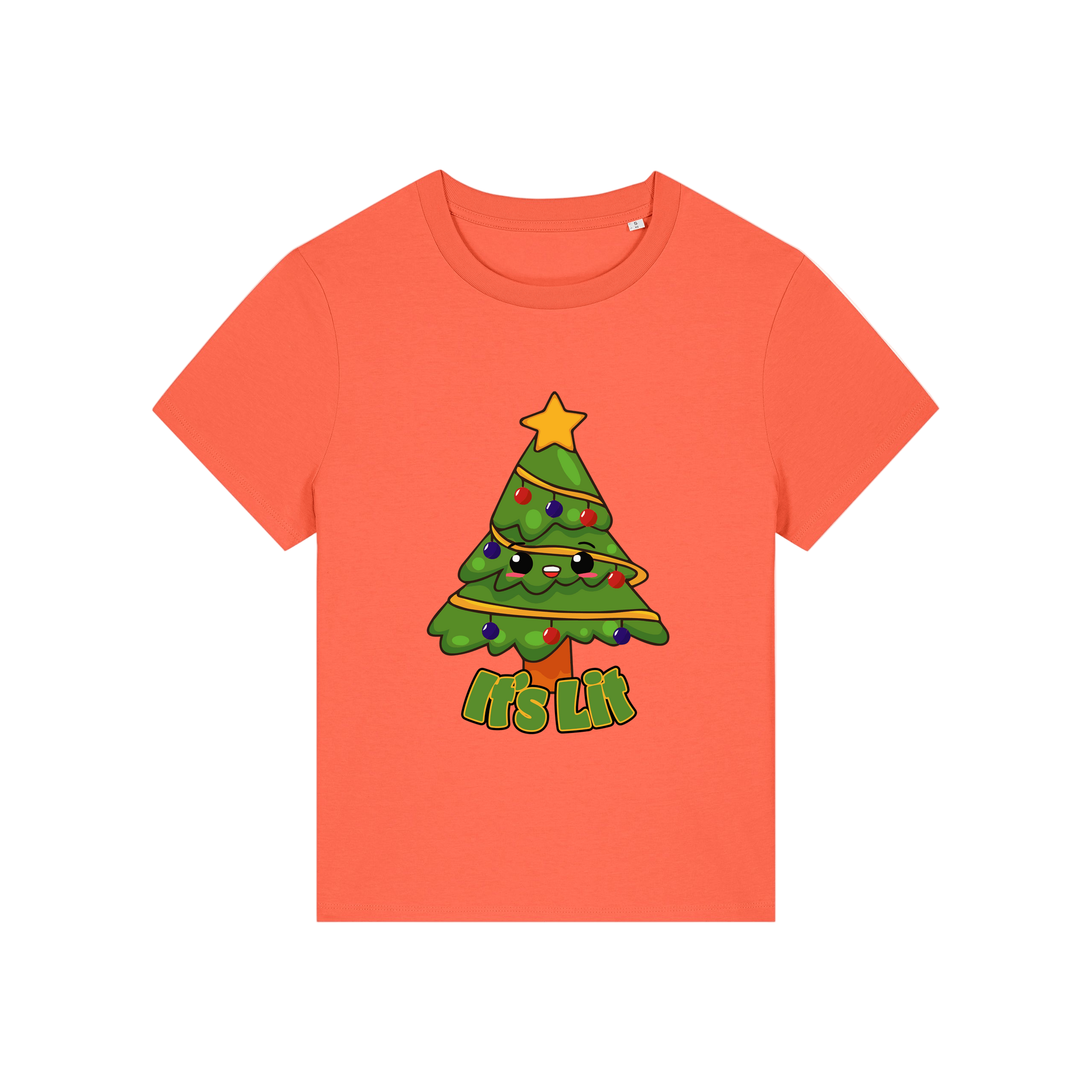 orange christmas t-shirt with the graphic of a christmas tree and the slogan 'it's lit'