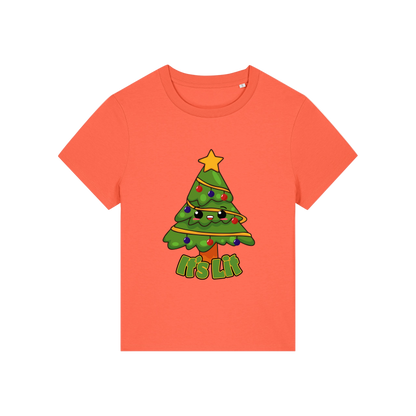 orange christmas t-shirt with the graphic of a christmas tree and the slogan 'it's lit'