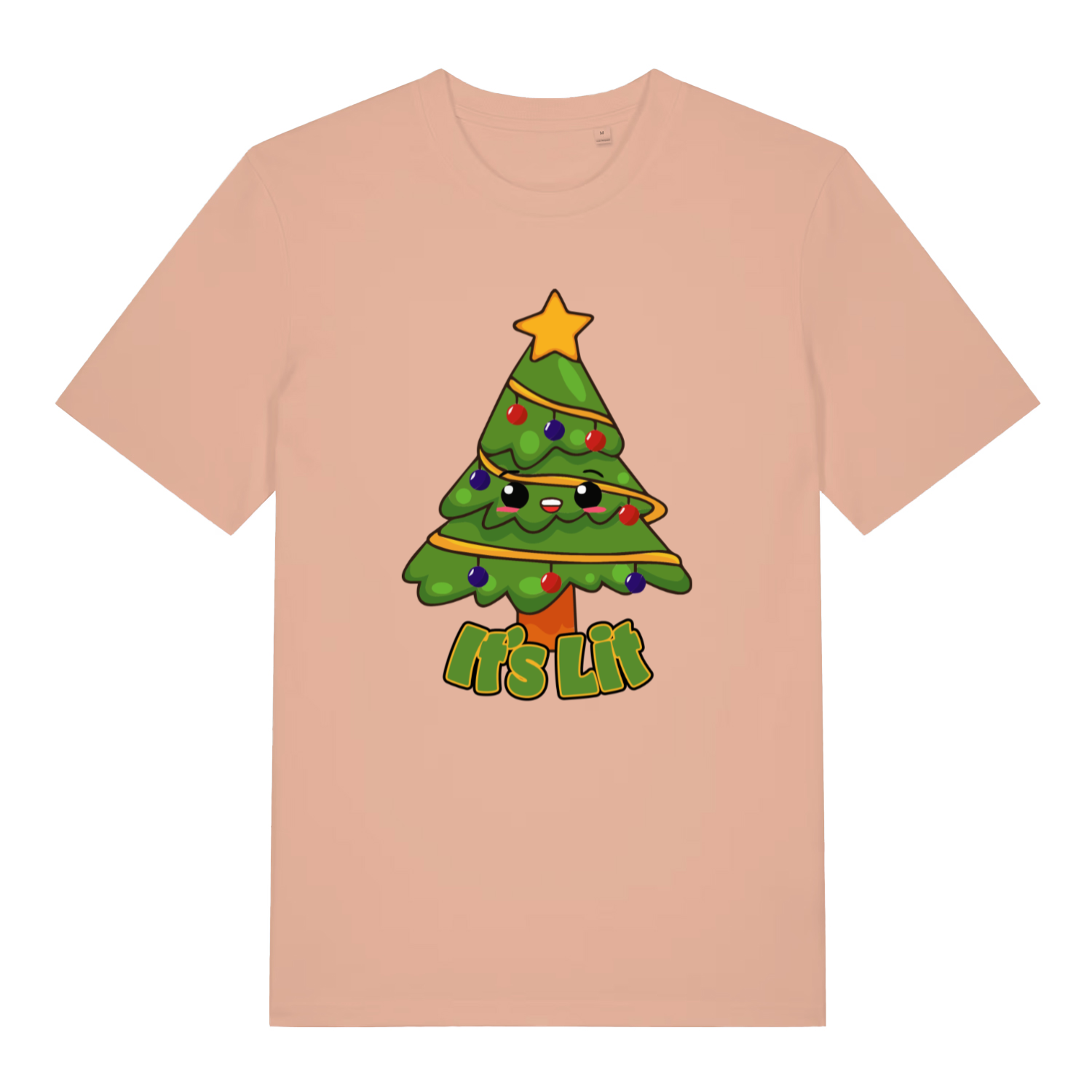 peach women's christmas t-shirt with the graphic of a cartoon christmas tree and the text 'it's lit'