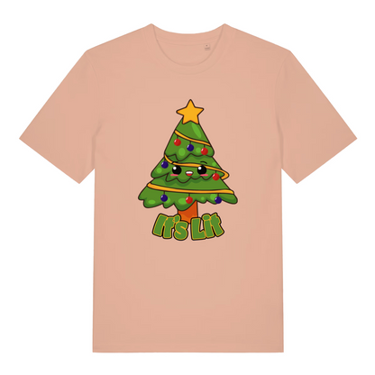 peach women's christmas t-shirt with the graphic of a cartoon christmas tree and the text 'it's lit'