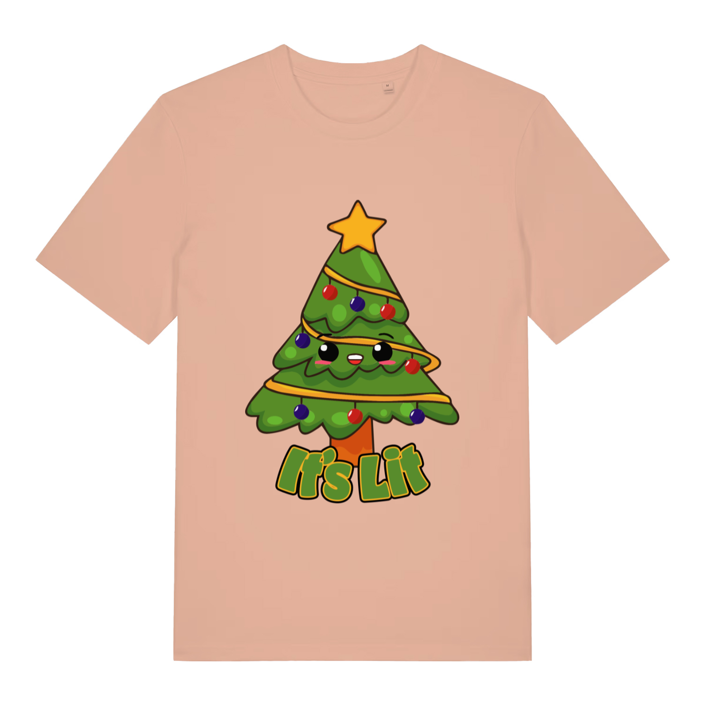 Peach women's It’s Lit funny graphic t-shirt displaying cartoon Christmas tree and bold “It’s Lit” slogan  