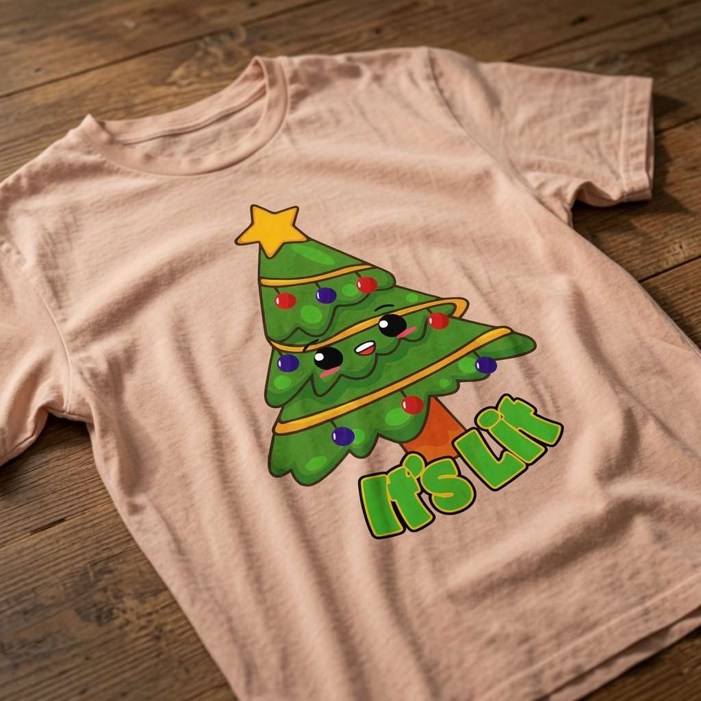 Peach It’s Lit t-shirt on wood featuring cute kawaii Christmas tree, ladies fun cheeky christmas tree