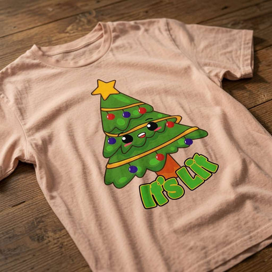 Peach It’s Lit t-shirt on wood featuring cute kawaii Christmas tree, ladies fun cheeky christmas tree