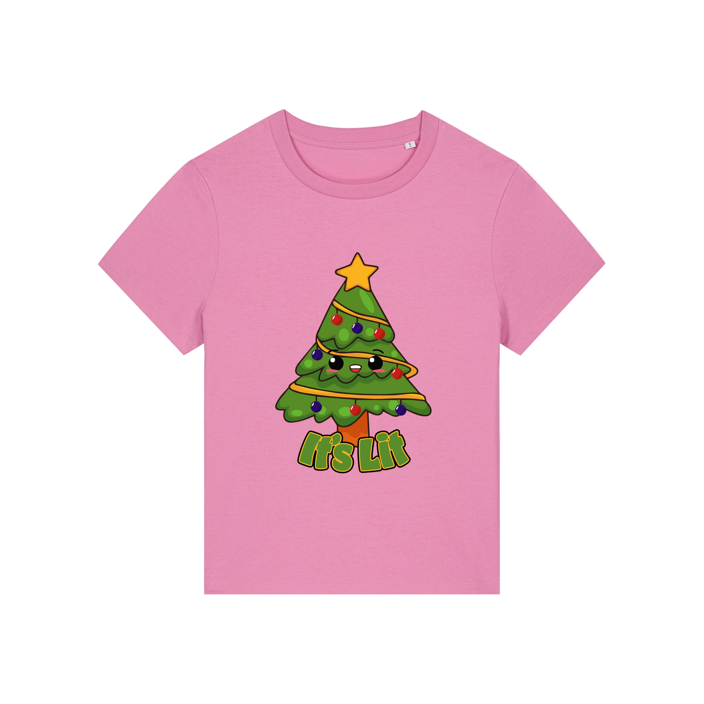 pink christmas t-shirt with the graphic of a christmas tree and the slogan 'it's lit'