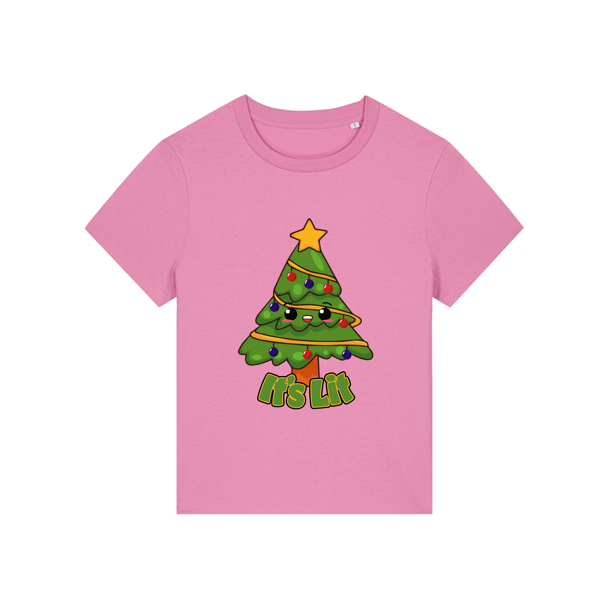 pink christmas t-shirt with the graphic of a christmas tree and the slogan 'it's lit'