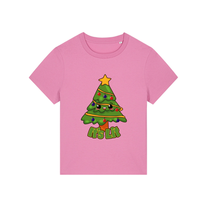 pink christmas t-shirt with the graphic of a christmas tree and the slogan 'it's lit'