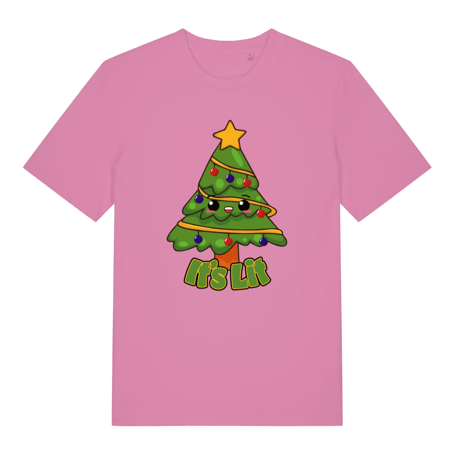 pink women's christmas t-shirt with the graphic of a cartoon christmas tree and the text 'it's lit'