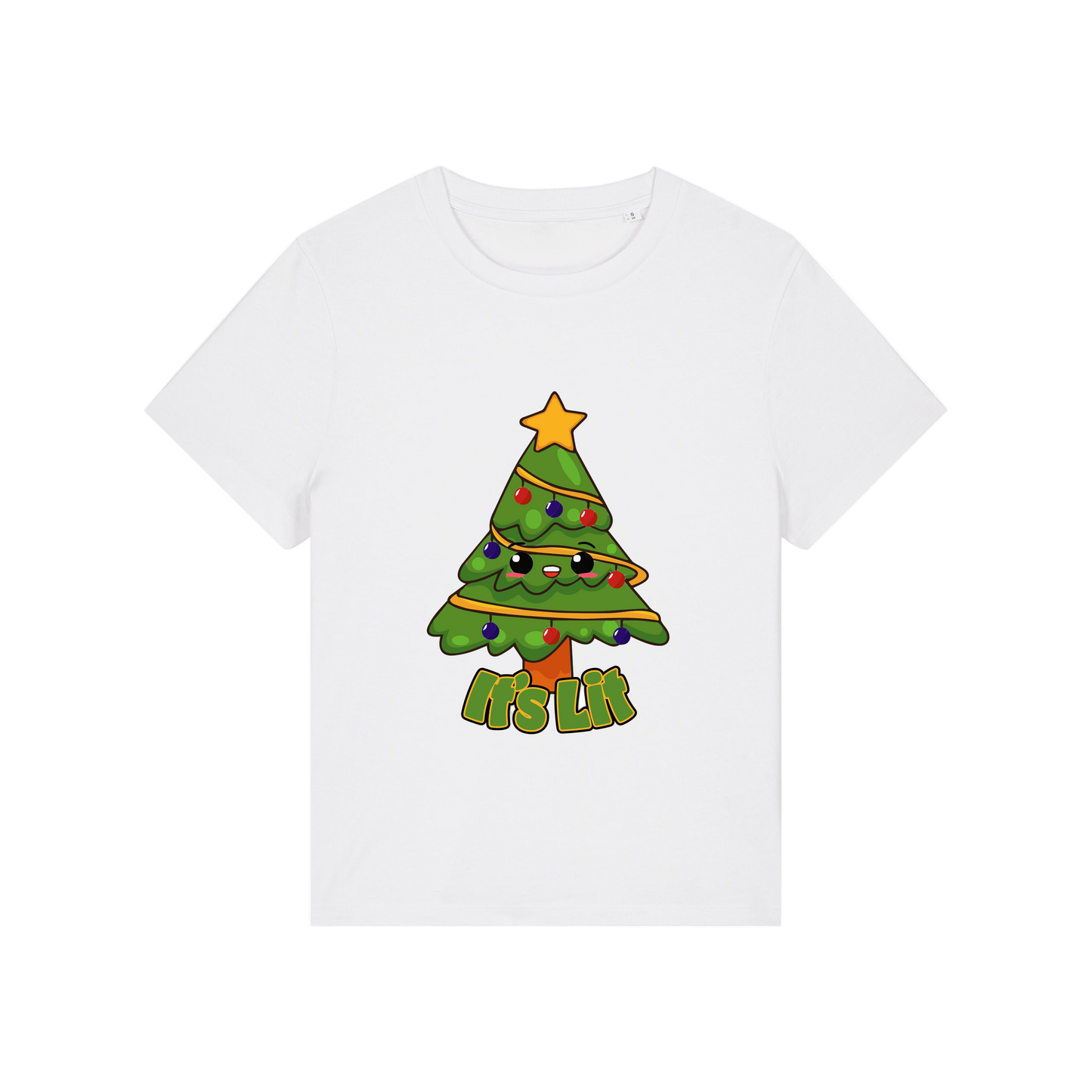 white christmas t-shirt with the graphic of a christmas tree and the slogan 'it's lit'
