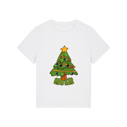 white christmas t-shirt with the graphic of a christmas tree and the slogan 'it's lit'